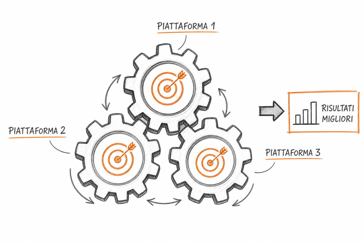 Schema concettuale della gestione campagne pubblicitarie su più canali digitali con obiettivi e piattaforme interconnesse