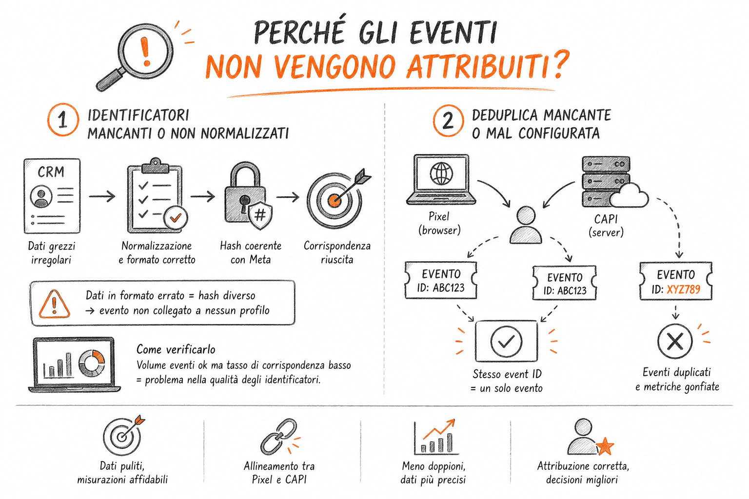 Rappresentazione delle cause di eventi non attribuiti nella Conversions API Meta: identificatori mancanti, consenso e deduplica.