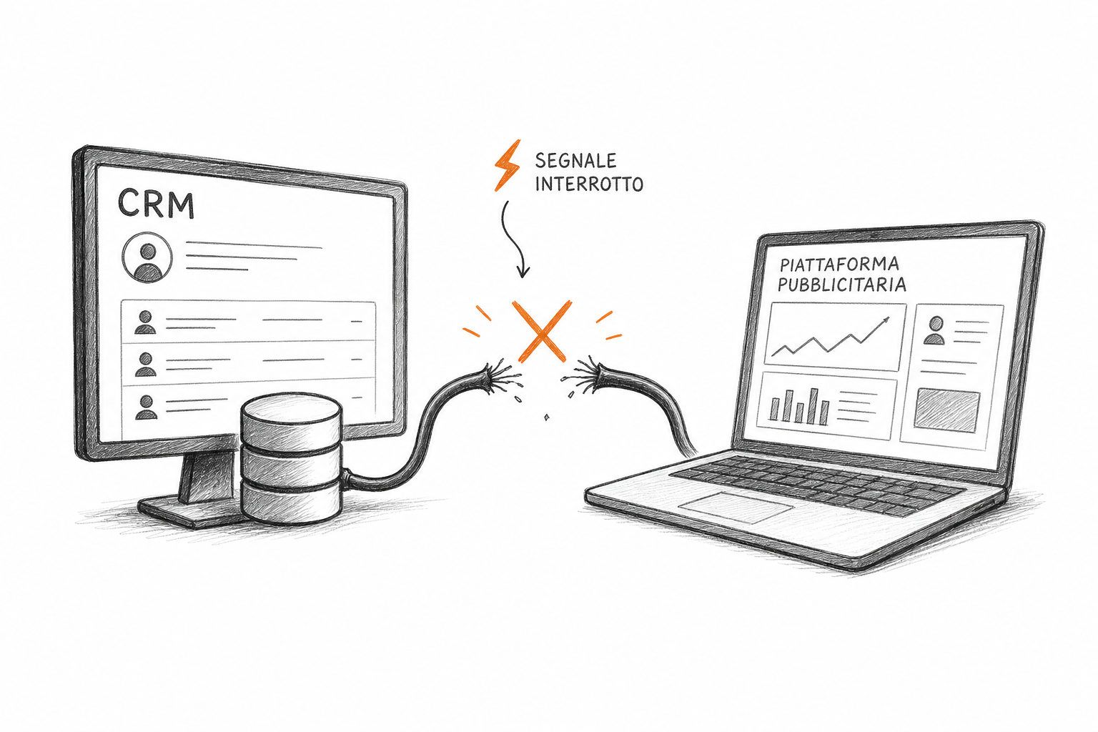 Rappresentazione concettuale degli errori di integrazione tra CRM e Meta Conversions API che compromettono l'ottimizzazione