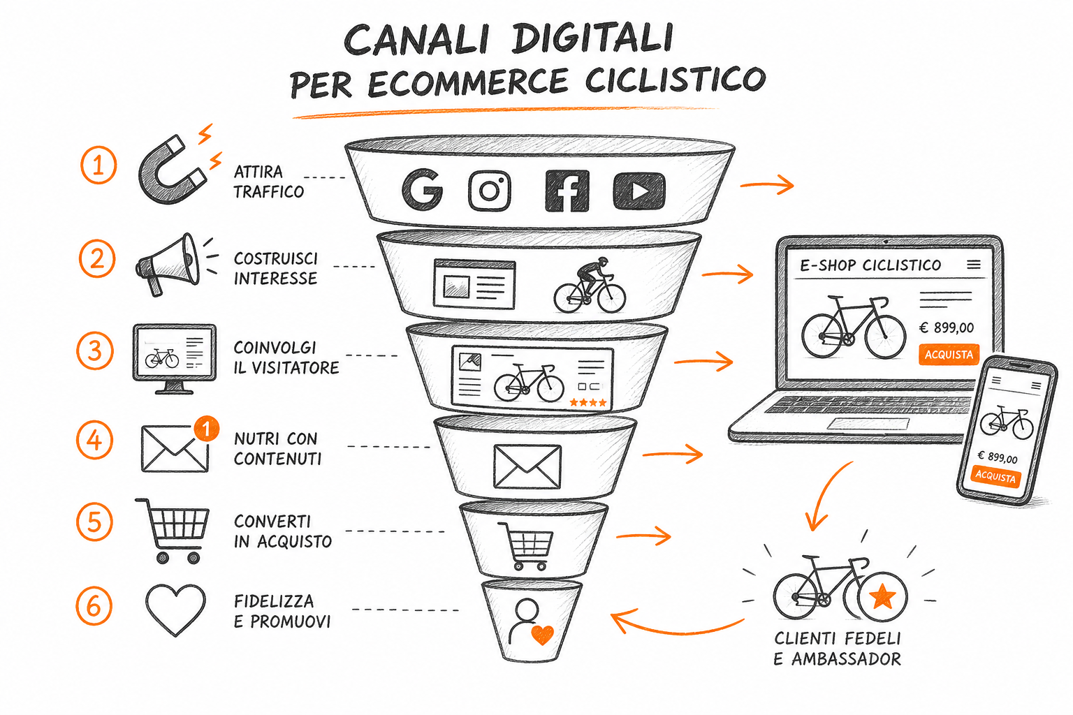 Canali di marketing per vendere biciclette online: schema del funnel dal search advertising alla fidelizzazione email per ecommerce ciclismo.
