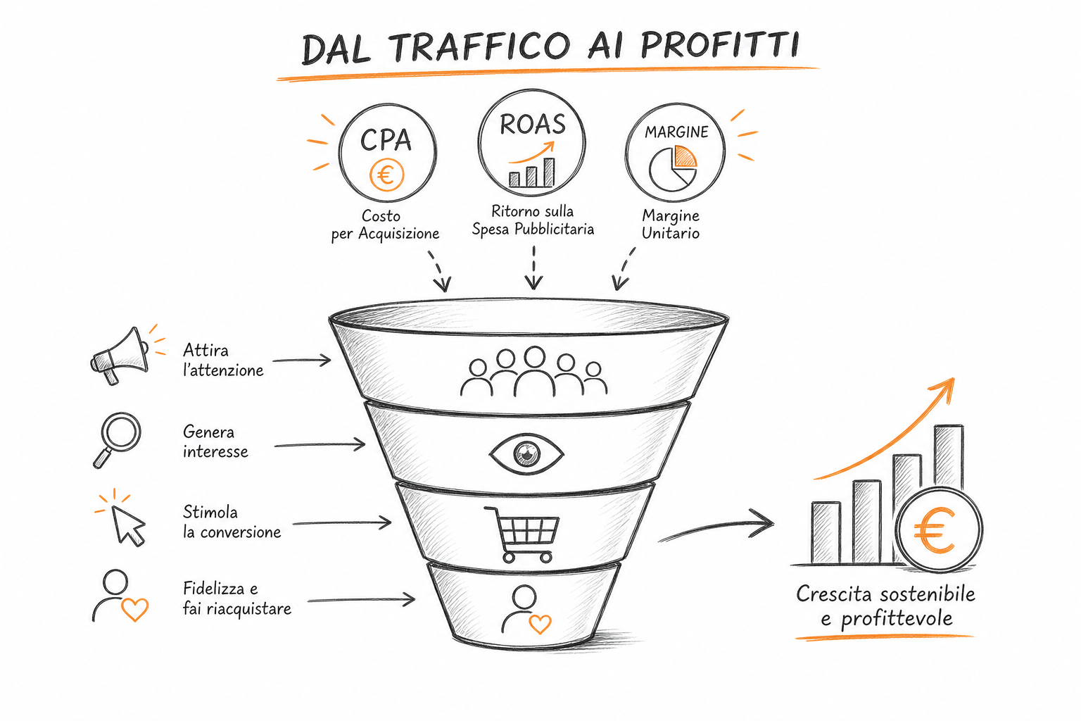 Metriche economiche per la gestione campagne pubblicitarie: CPA, ROAS e marginalità rappresentati come indicatori chiave