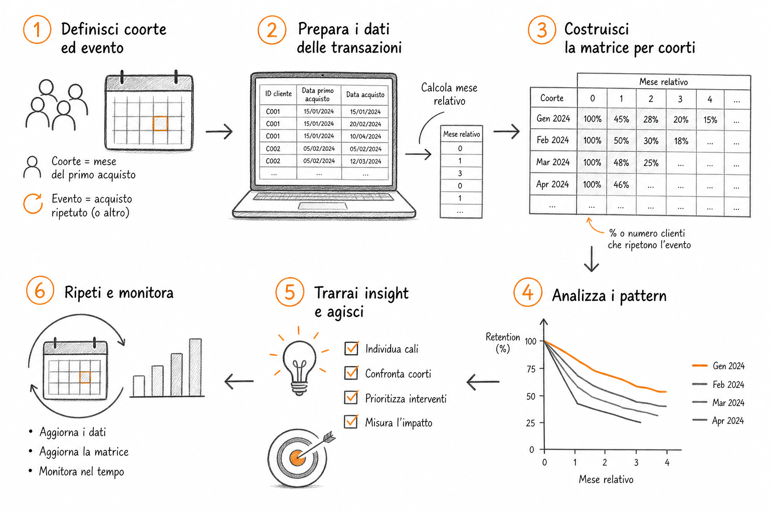 Schema a passi per costruire una cohort table con dati di retention clienti, processo operativo per la cohort analysis.