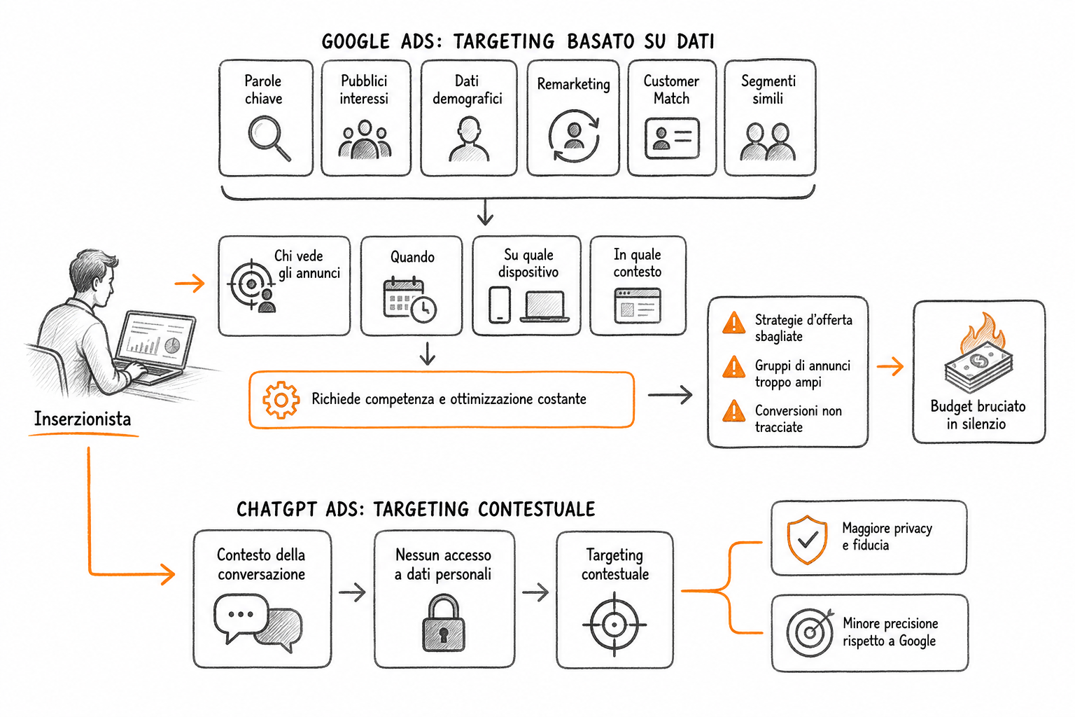 Schema comparativo del targeting ChatGPT Ads vs Google Ads con indicatori di controllo, precisione e protezione dei dati utente.