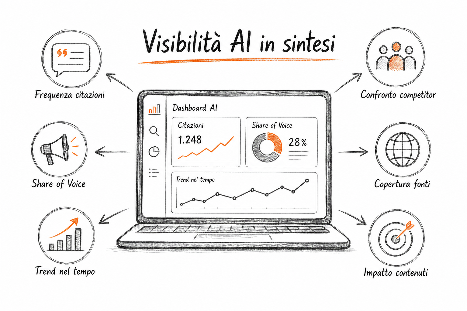 Metriche per misurare la visibilità AI B2B su LinkedIn: citazioni, share of voice e sentiment nelle risposte generative.
