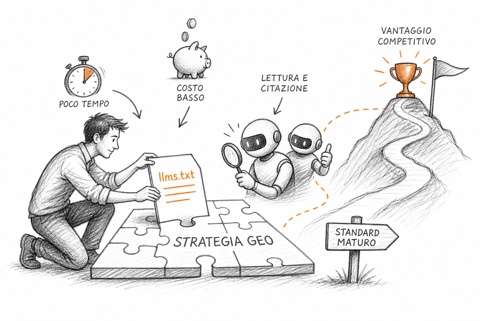 Bilancia che rappresenta il rapporto costo-beneficio del file llms.txt nella strategia di ottimizzazione per i modelli AI.