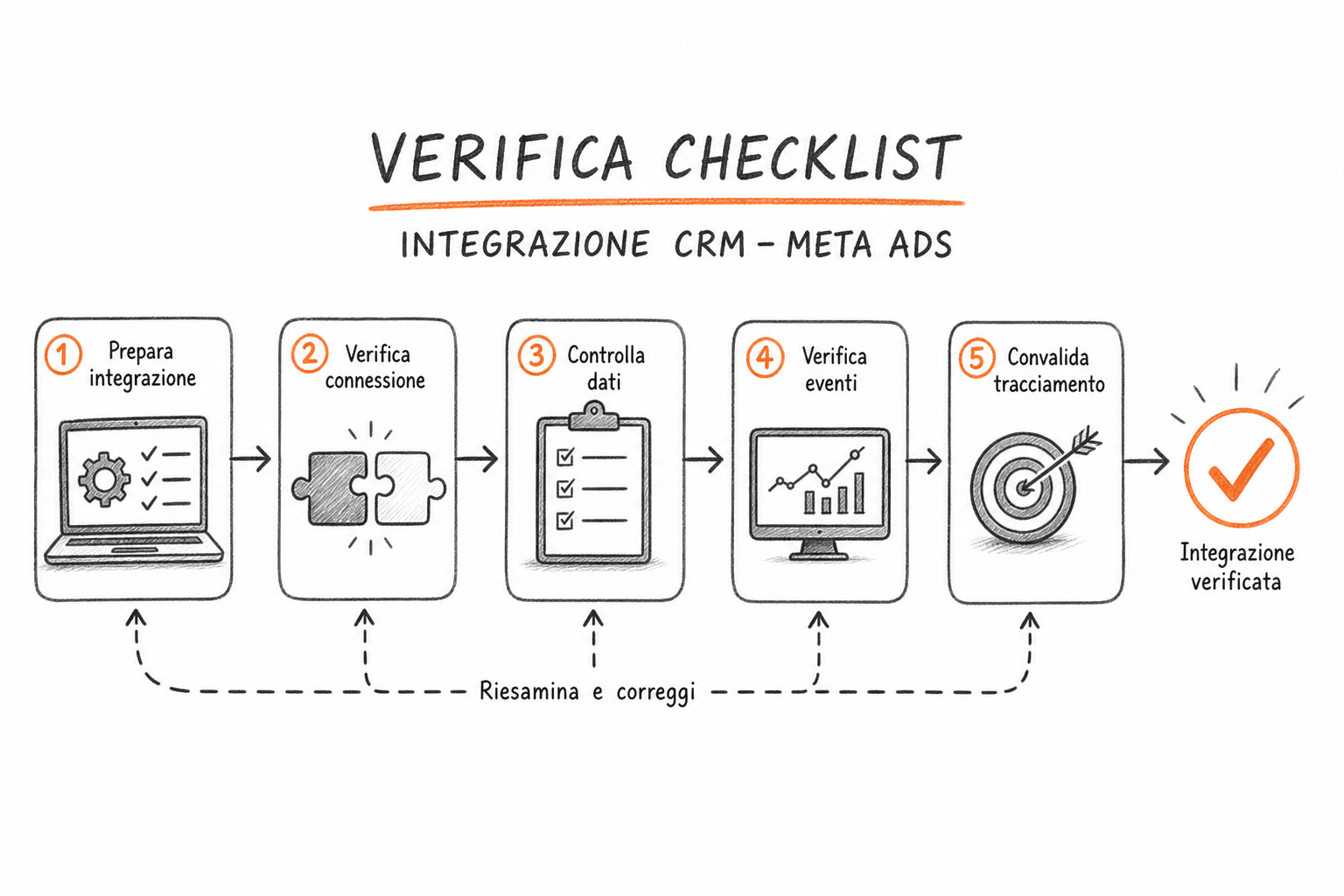 Schema di verifica della qualità dei dati Conversions API prima di intervenire sull'integrazione CRM e Meta Ads.