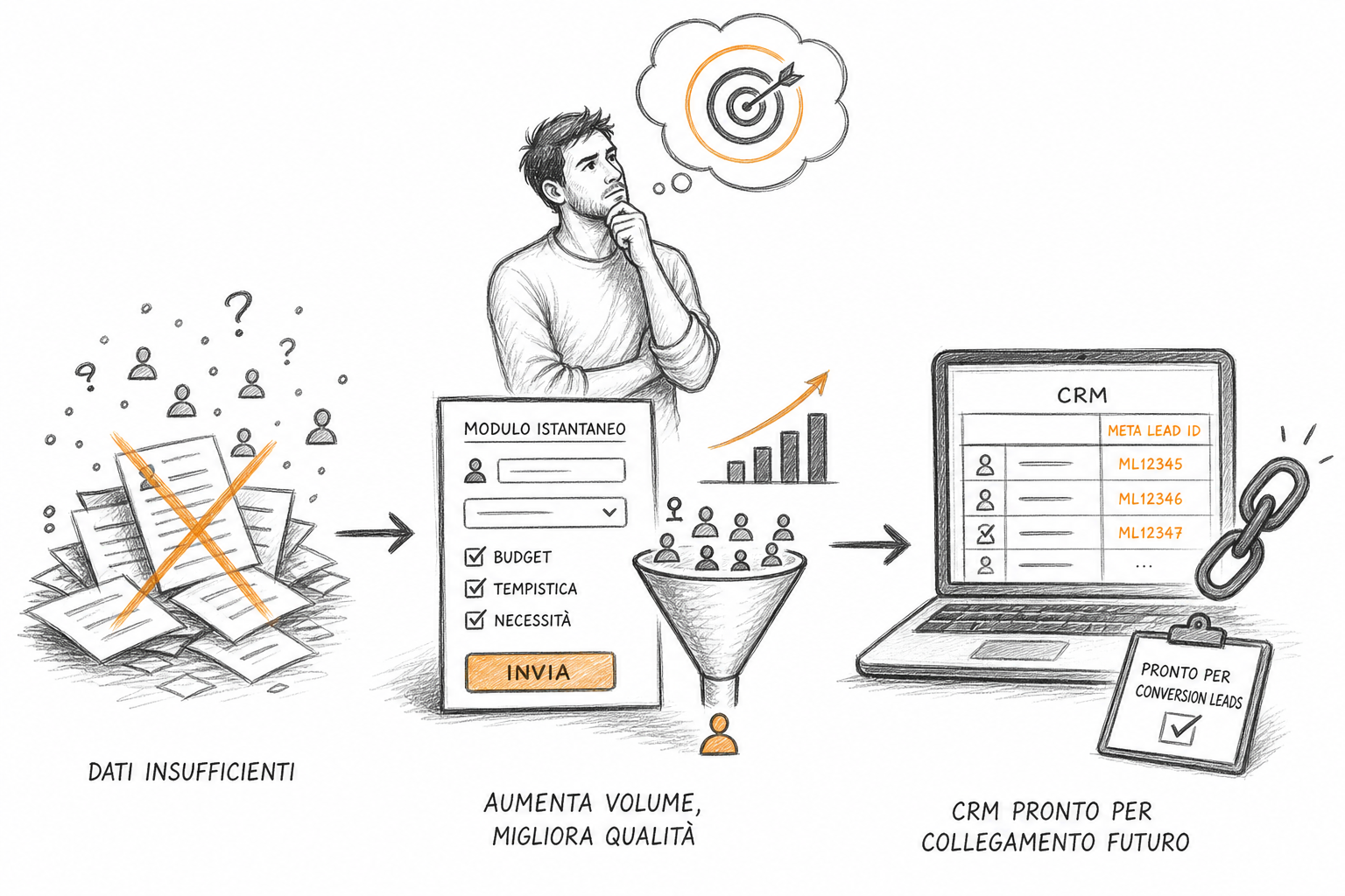 Imprenditore che valuta i dati del CRM prima di attivare conversion leads Meta Ads per ottimizzare le campagne.