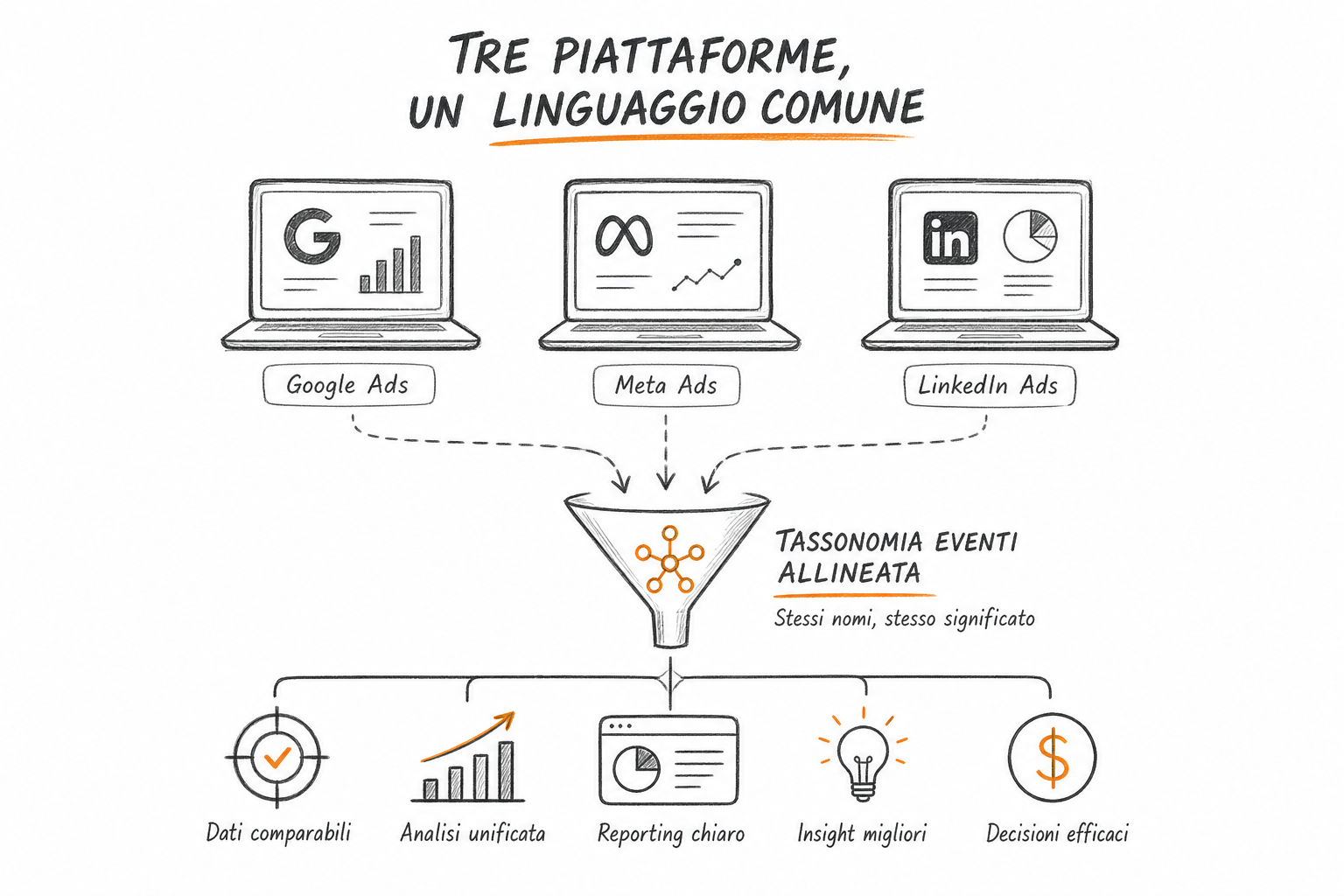 Allineamento degli eventi di conversione per tracciamento ChatGPT Ads, Google Ads e Meta Ads su un vocabolario condiviso.
