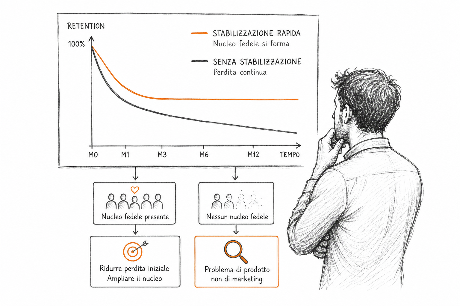 Curve di retention a confronto nella cohort analysis: una si stabilizza, l'altra declina costantemente, segnale di problema prodotto.