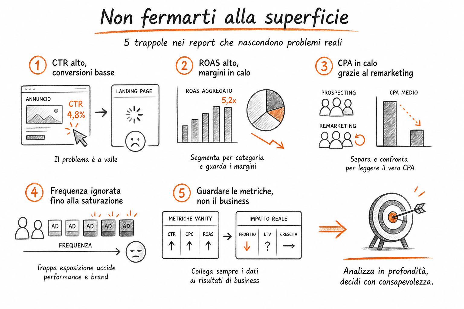 Dashboard di report advertising con segnali di allerta sulle trappole comuni di CTR, ROAS e CPA fuorvianti.