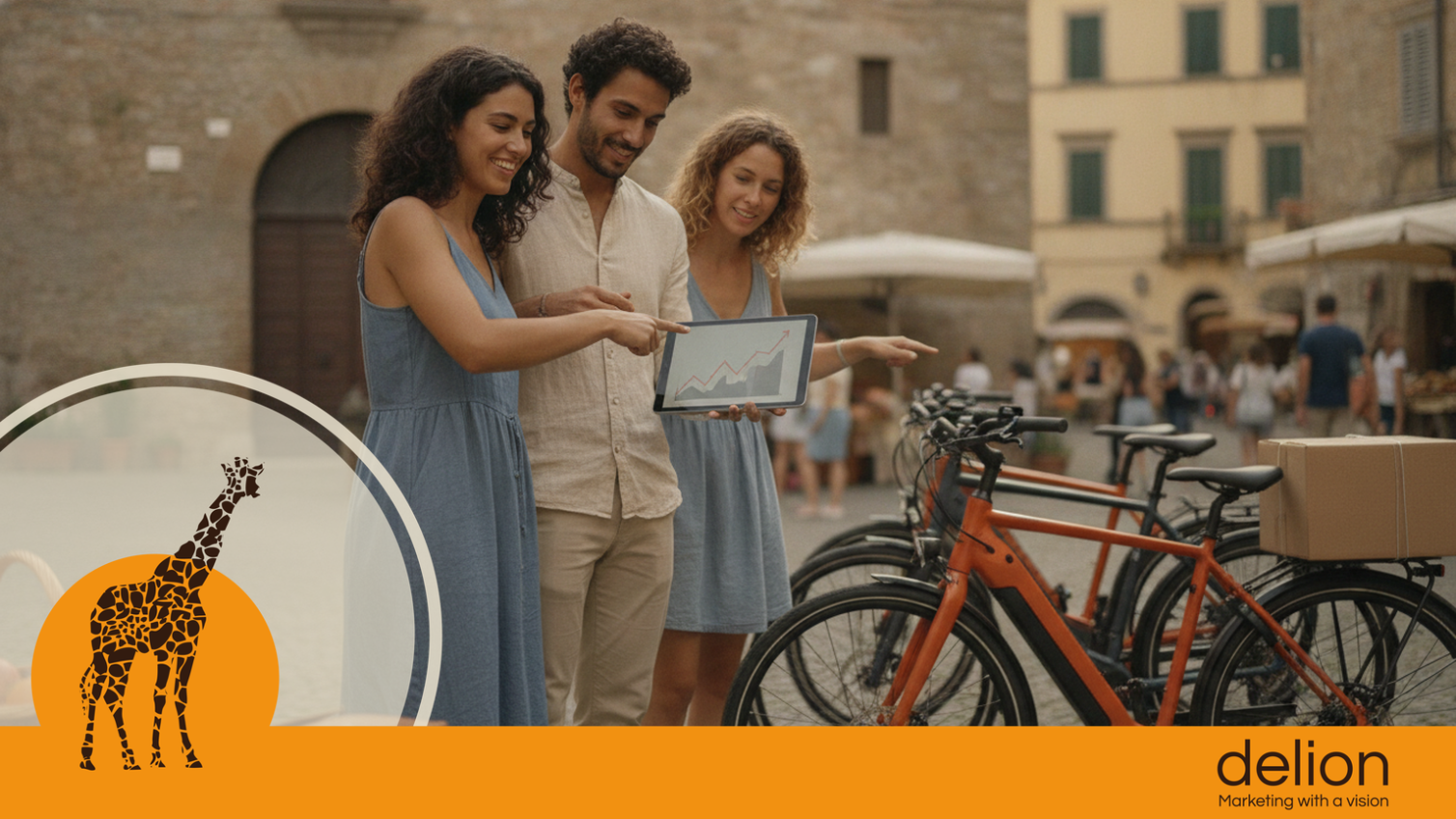 Marketing ecommerce biciclette: imprenditore che pianifica strategie digitali per un shop online di ciclismo con dashboard dati.