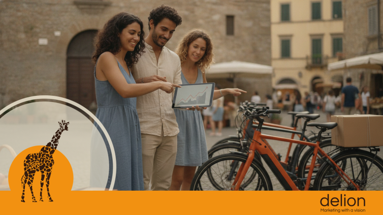 Marketing ecommerce biciclette: imprenditore che pianifica strategie digitali per un shop online di ciclismo con dashboard dati.
