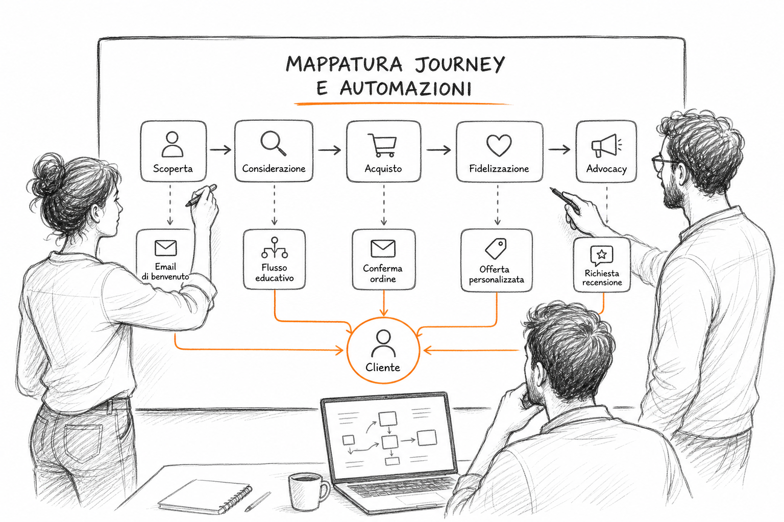 Team di agenzia marketing automation che progetta flussi sul percorso cliente, dalla prima interazione alla conversione.