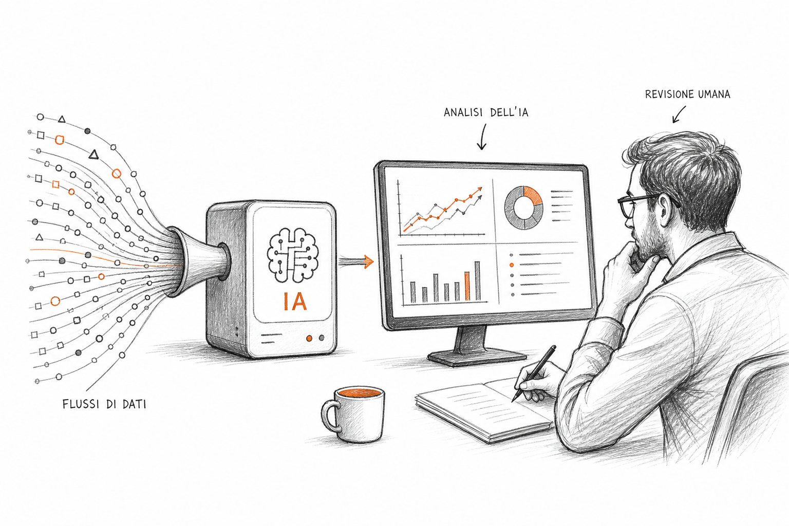 Analista che valuta output AI per analisi di mercato con flussi di dati semantici sullo sfondo