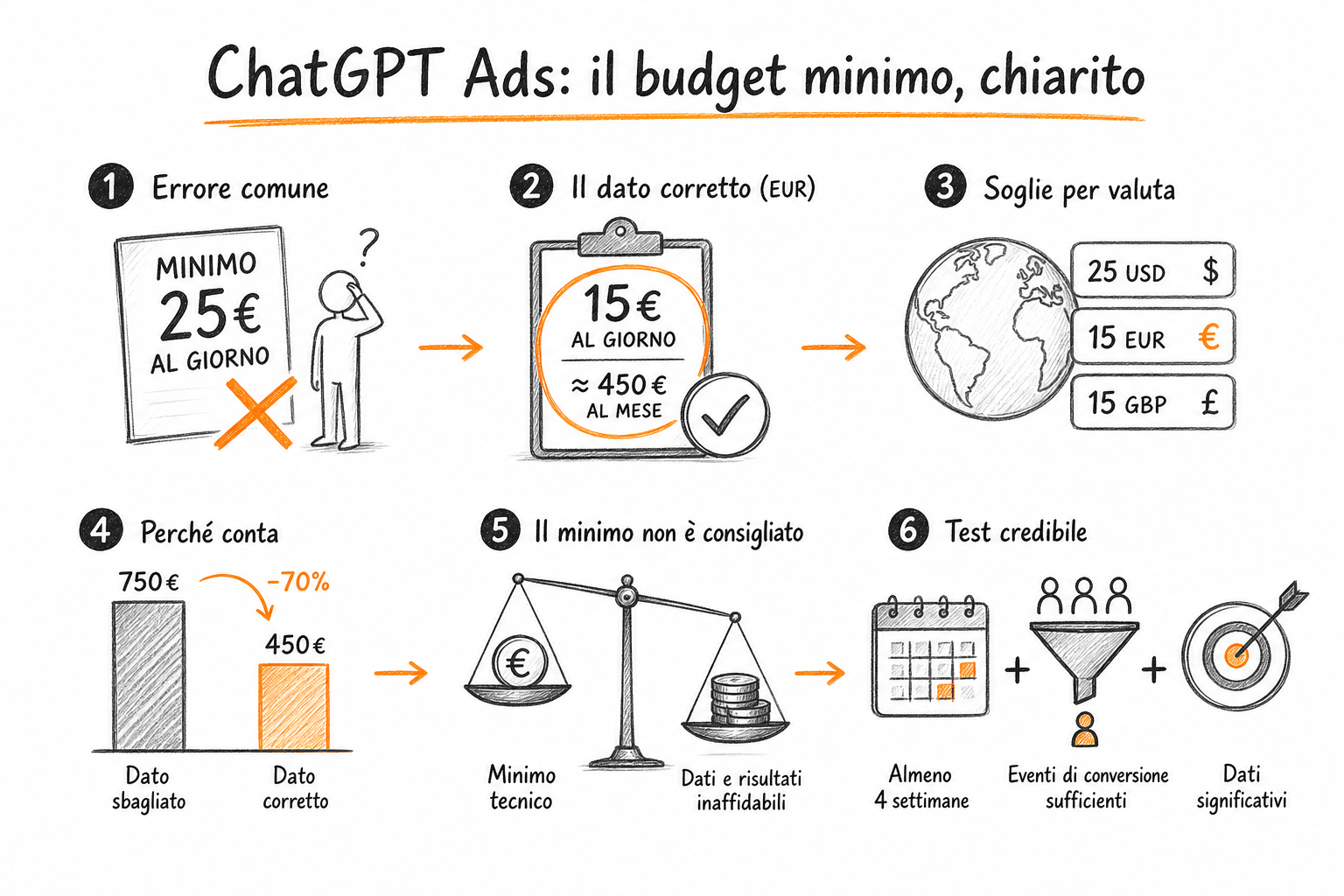 Confronto visivo tra budget minimo ChatGPT Ads in euro, dollari e sterline su sfondo concettuale