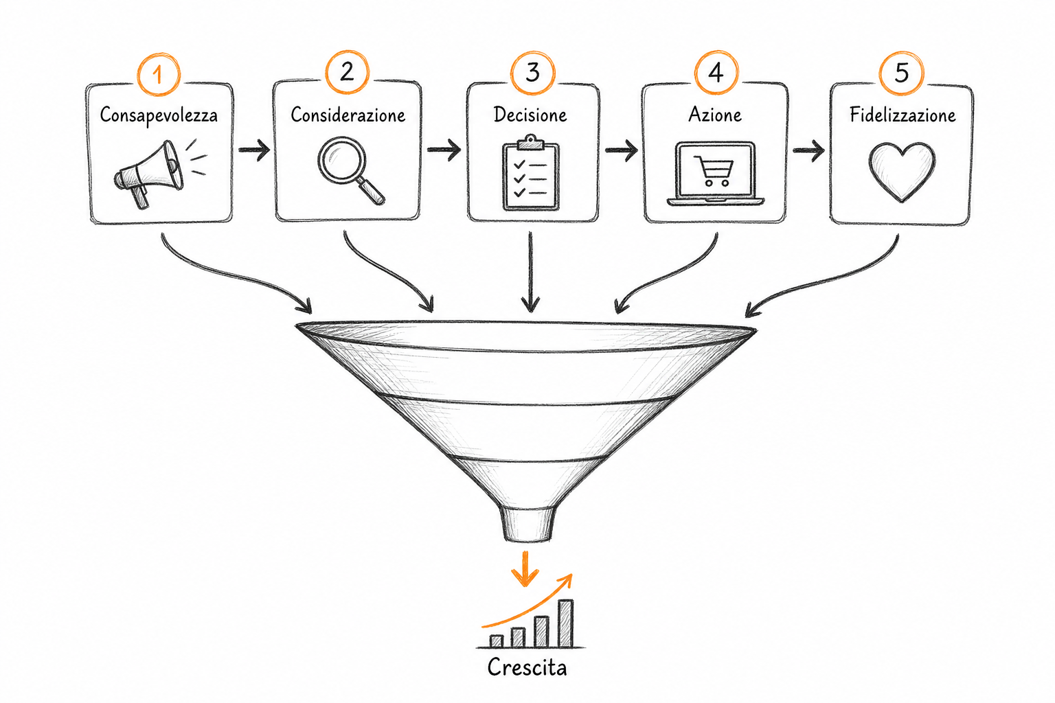 Rappresentazione concettuale delle cinque fasi del framework AARRR nel growth marketing come percorso di crescita connesso