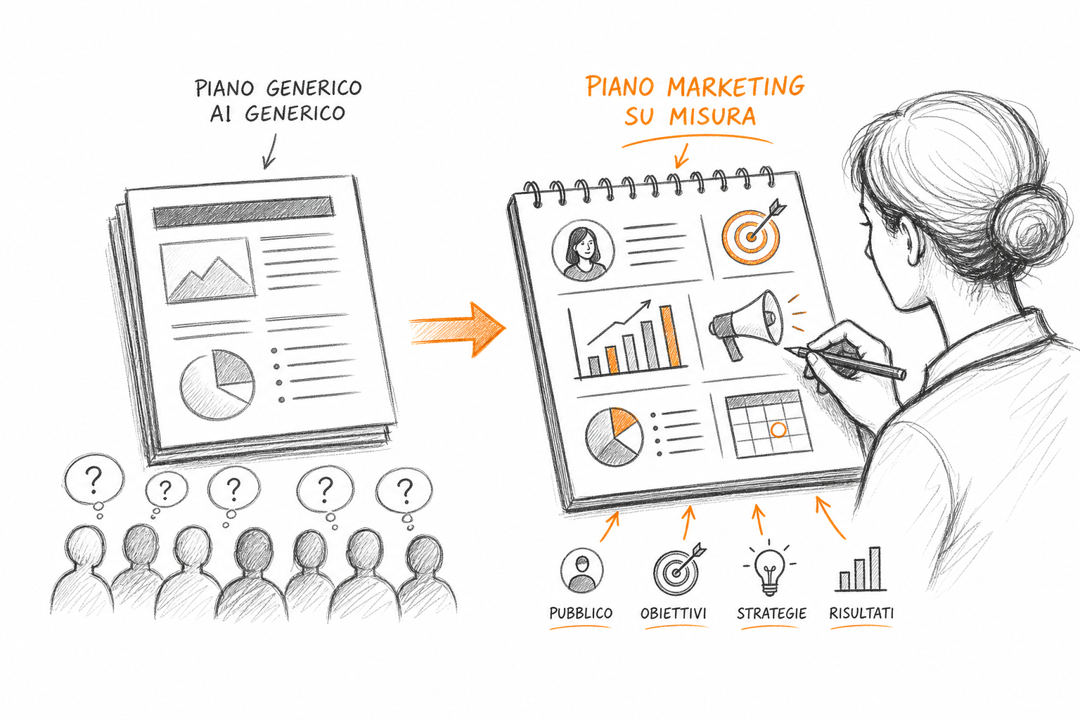 Confronto tra piano di marketing generico generato dall'AI e piano personalizzato per PMI con dati reali e contesto specifico.