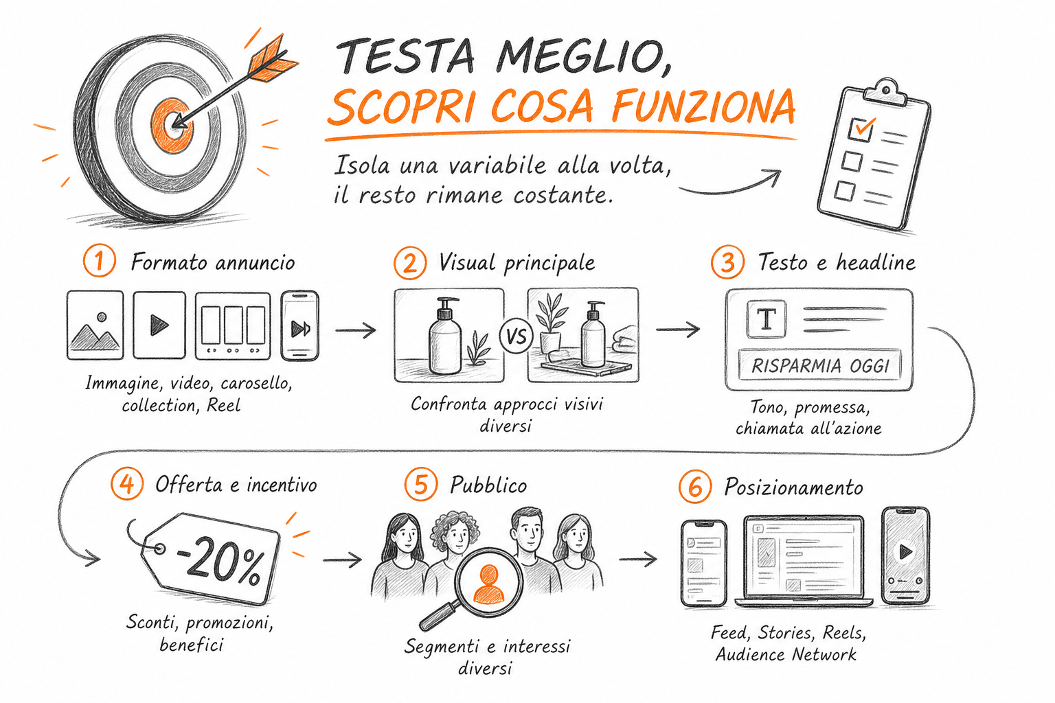 Variabili creative da testare nelle campagne Meta Ads: formato, visual, copy e angolo del messaggio a confronto.