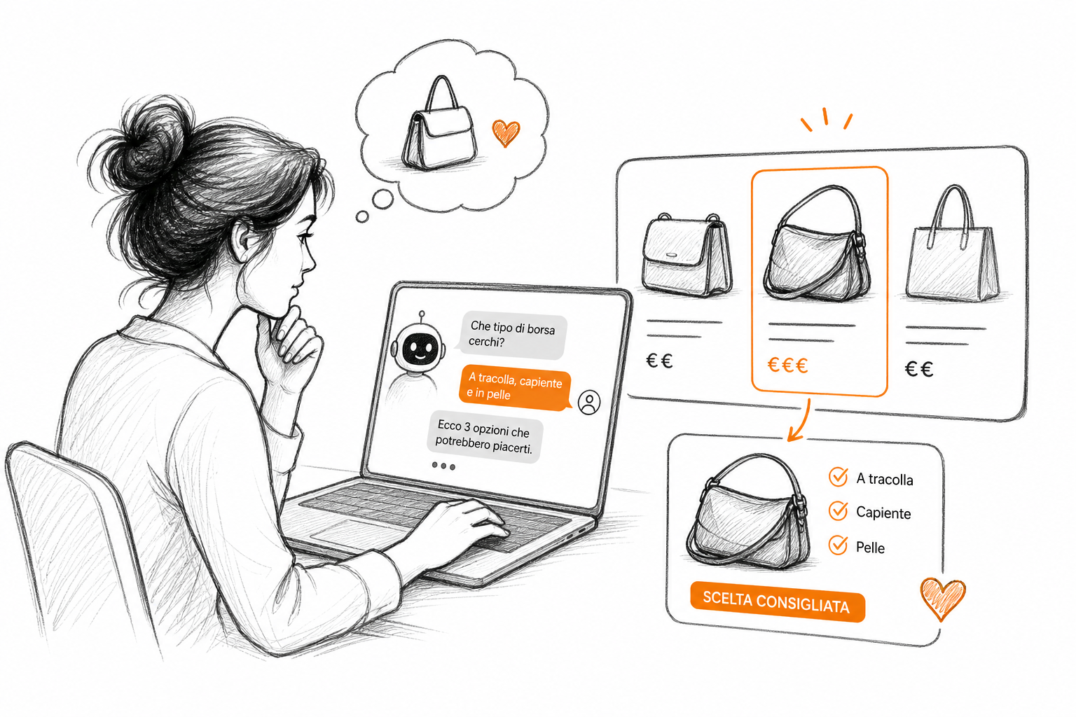 Utente che interagisce con AI per scegliere prodotti ecommerce, illustrazione del funzionamento delle ChatGPT Ads.