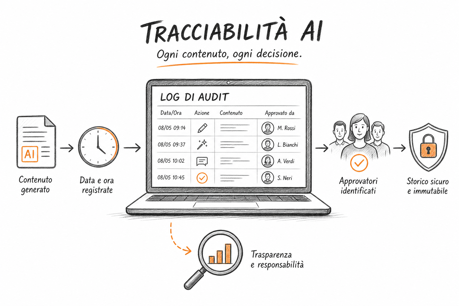 Registro di tracciabilit&agrave; delle approvazioni contenuti AI con timestamp e responsabili nominati per ogni articolo.