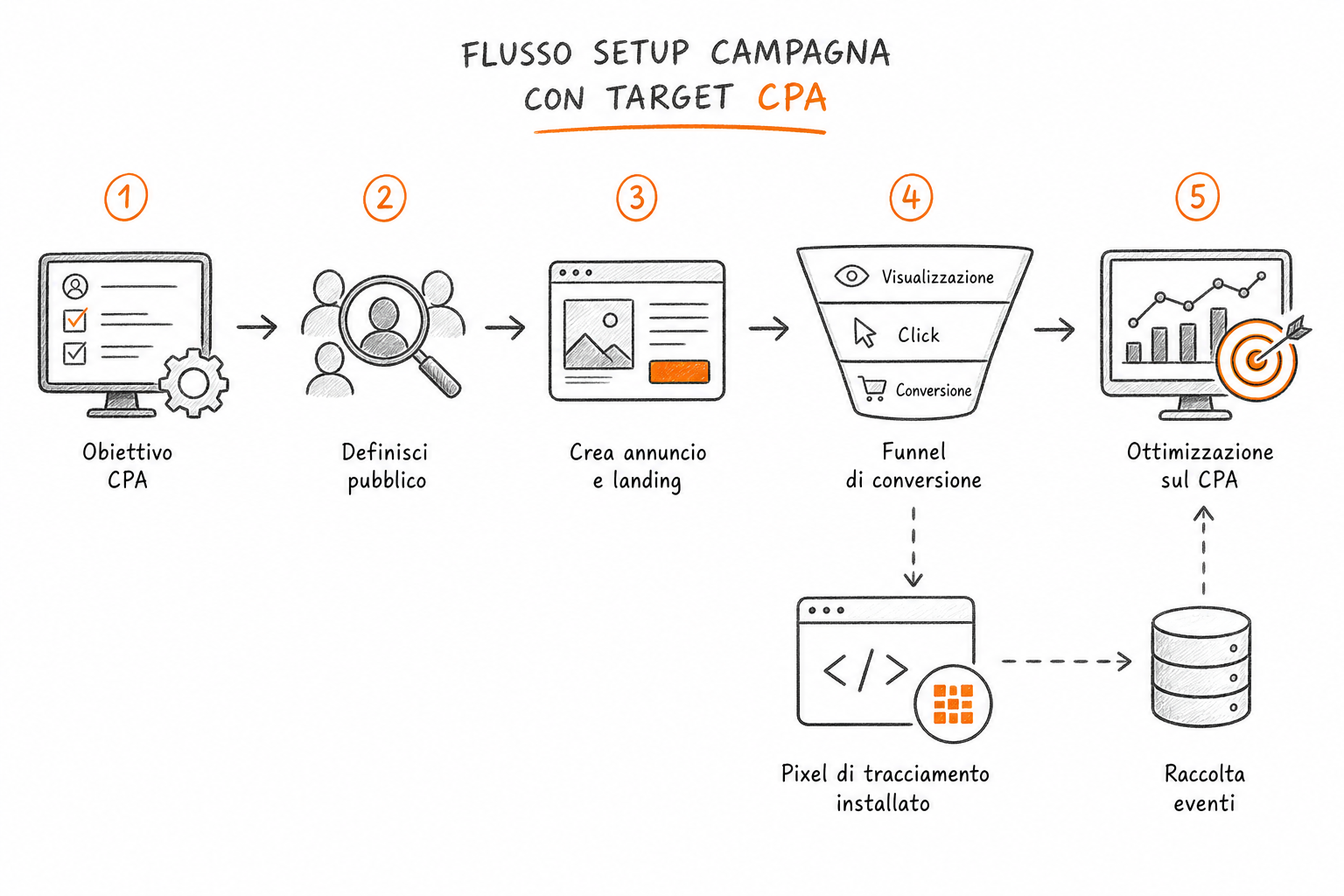 Schema di impostazione campagna ChatGPT Ads per corsi online con obiettivo CPA e tracciamento conversioni