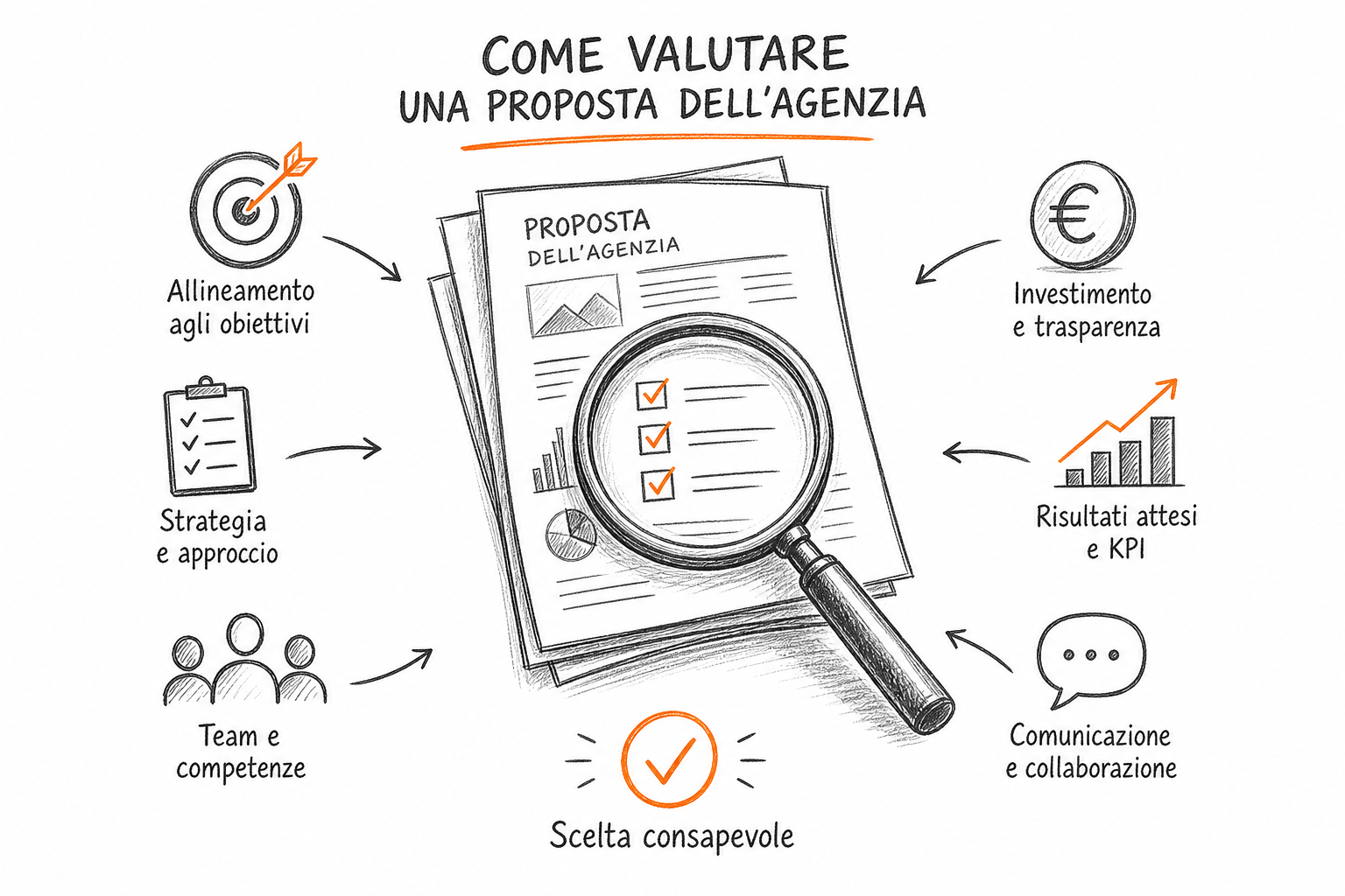 Valutazione criteri agenzia marketing automation con lente su proposta, competenze piattaforme e KPI a confronto.