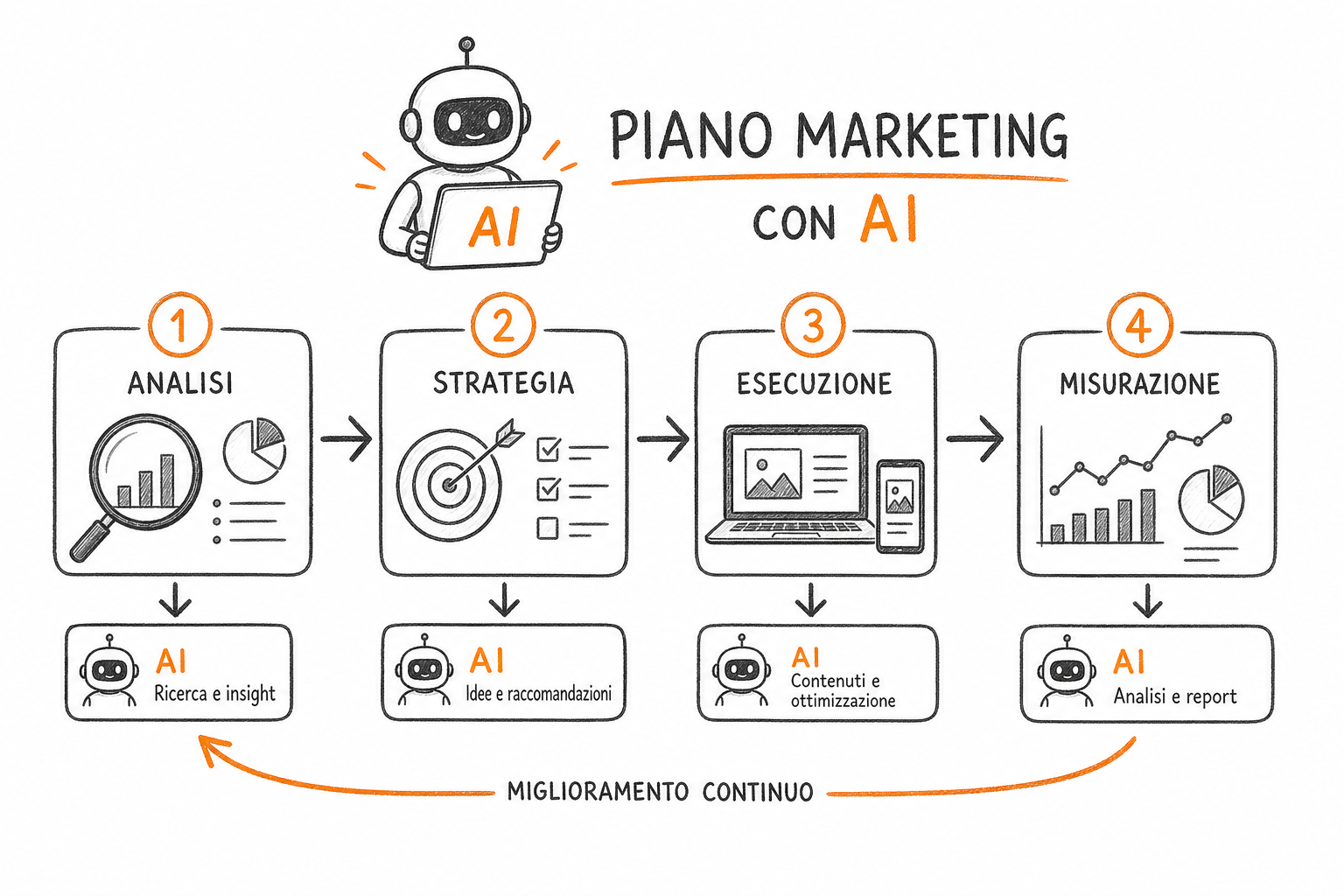Schema delle quattro fasi del piano di marketing con AI per PMI: analisi contesto, scenari, calendario budget, stress test.