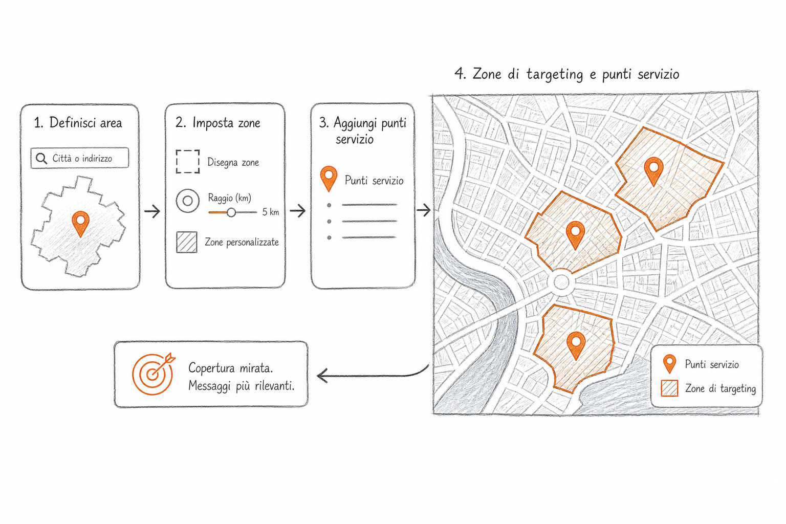 Schema di targeting geografico per campagne ChatGPT Ads per servizi locali con aree e zone di intervento.