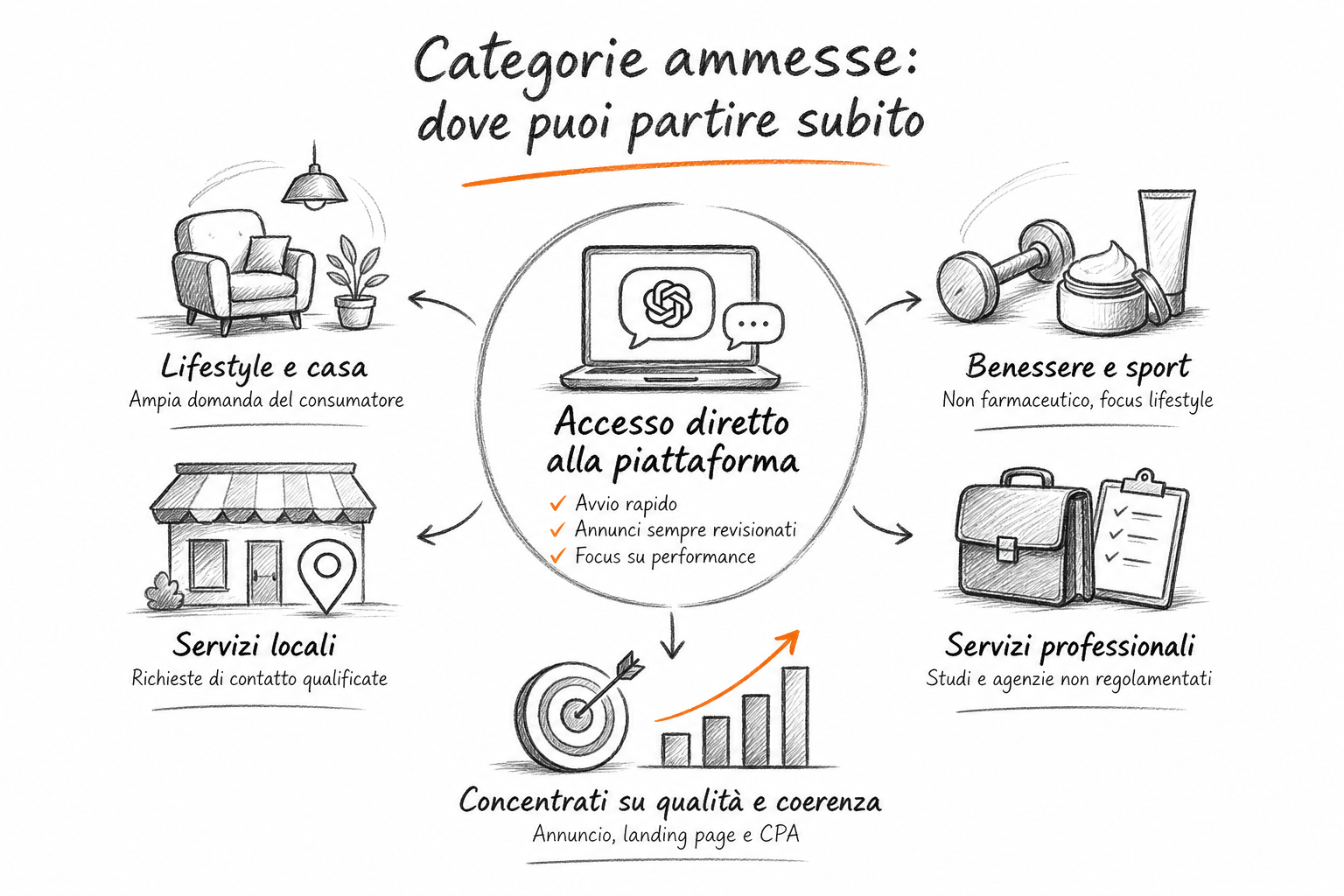 Rappresentazione concettuale delle categorie ammesse direttamente alle ChatGPT Ads per PMI italiane senza revisione preliminare.