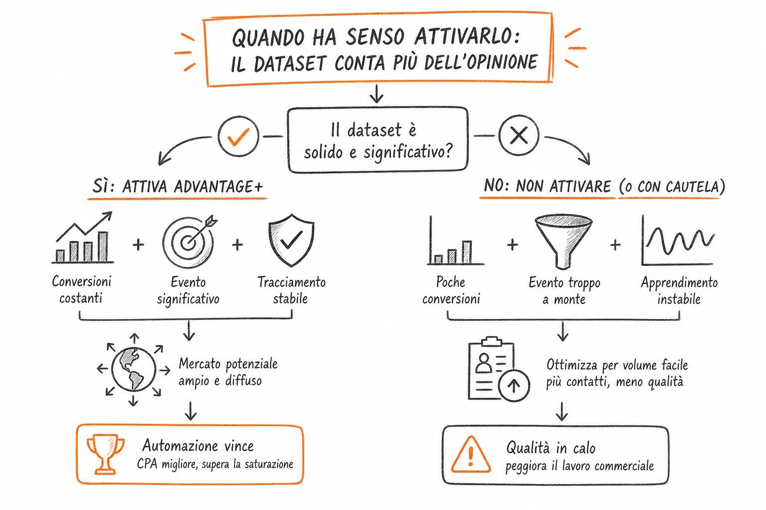 Diagramma dei segnali di conversione da sito e CRM che alimentano il targeting Advantage plus di Meta Ads