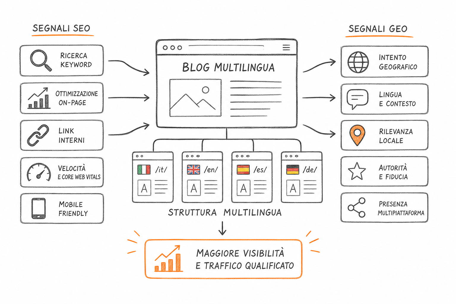 Schema dei segnali SEO e GEO per un blog multilingua per esportare, con indicatori di citabilità nei sistemi AI.