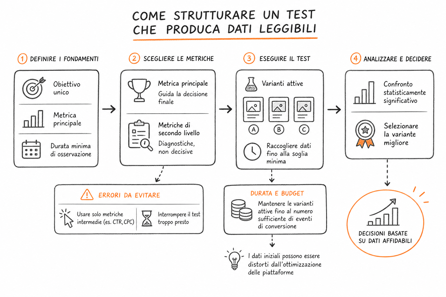 Schema del processo di testing creatività Meta Ads: obiettivo, metrica, durata e decisione finale strutturati in sequenza.