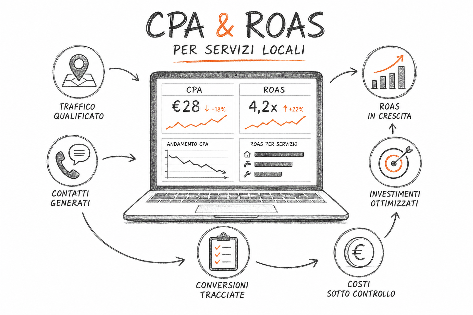 Dashboard con KPI economici CPA e ROAS per misurare l'efficacia delle ChatGPT Ads per servizi locali.