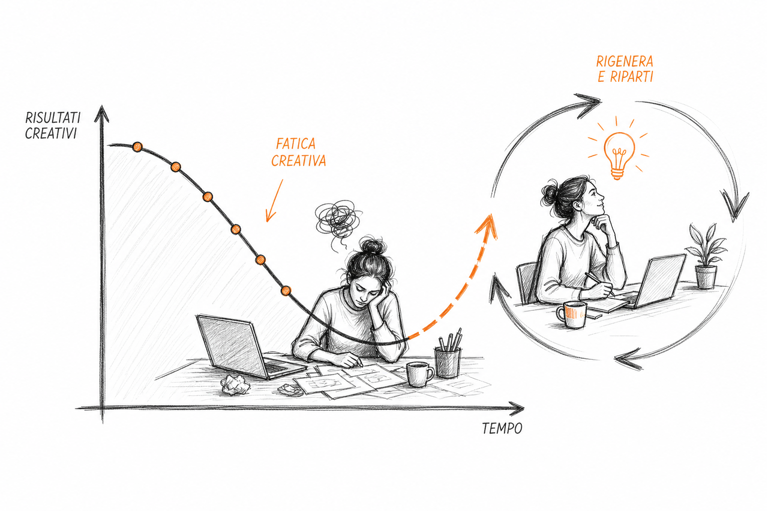 Saturazione delle creatività Meta Ads: curva di performance in calo e ciclo di rinnovo per evitare l'ad fatigue.