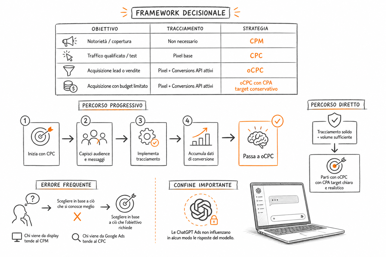 Albero decisionale per scegliere la strategia di offerta ChatGPT Ads giusta tra CPM, CPC e oCPC in base all obiettivo.