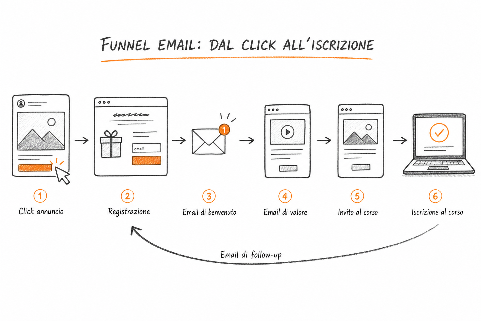 Funnel email dalla campagna ChatGPT Ads per corsi online fino all iscrizione pagante e CPA reale