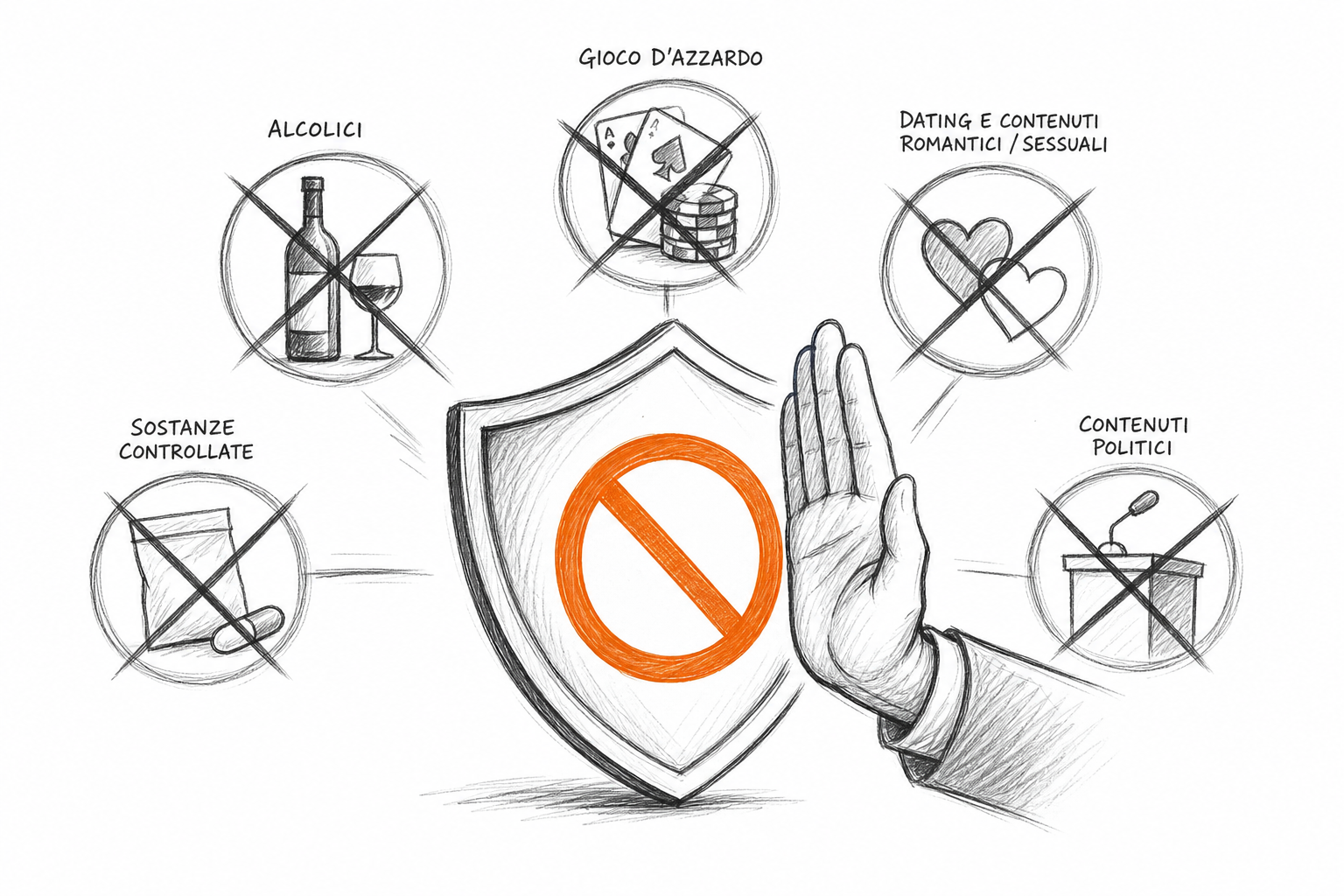 Barriera simbolica che rappresenta i settori vietati nelle ChatGPT Ads, dove nessuna eccezione è prevista dalla policy OpenAI.