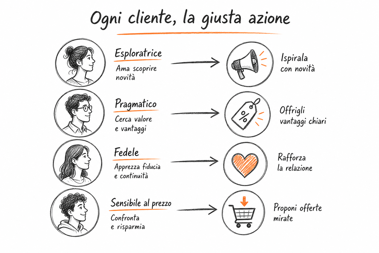 Quattro segmenti di cluster analysis clienti collegati ad azioni di marketing distinte: comunicazione, offerta e budget per ogni gruppo.